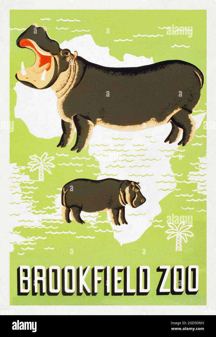 Poster d'arte vintage - retro - Brookfield Zoo. Ippona. Versione speciale, senza 'informazioni' nell'angolo in alto a destra. Foto Stock
