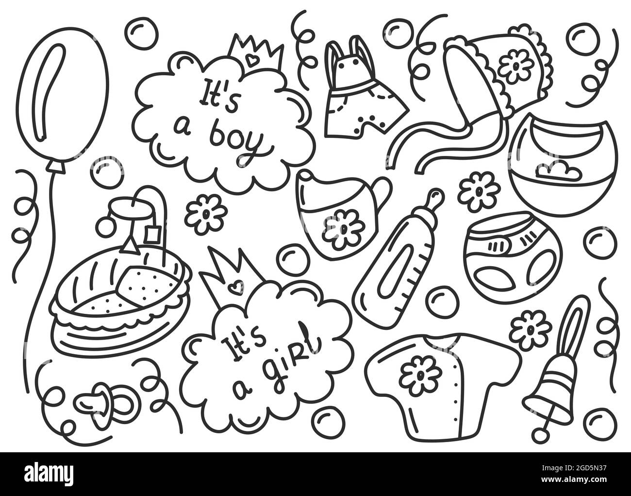 Set di doodle disegnate a mano per elementi per bambini. Illustrazione vettoriale isolata per sfondi, web design, elementi di design, stampe tessili, copertine. Fumetto neonato Illustrazione Vettoriale