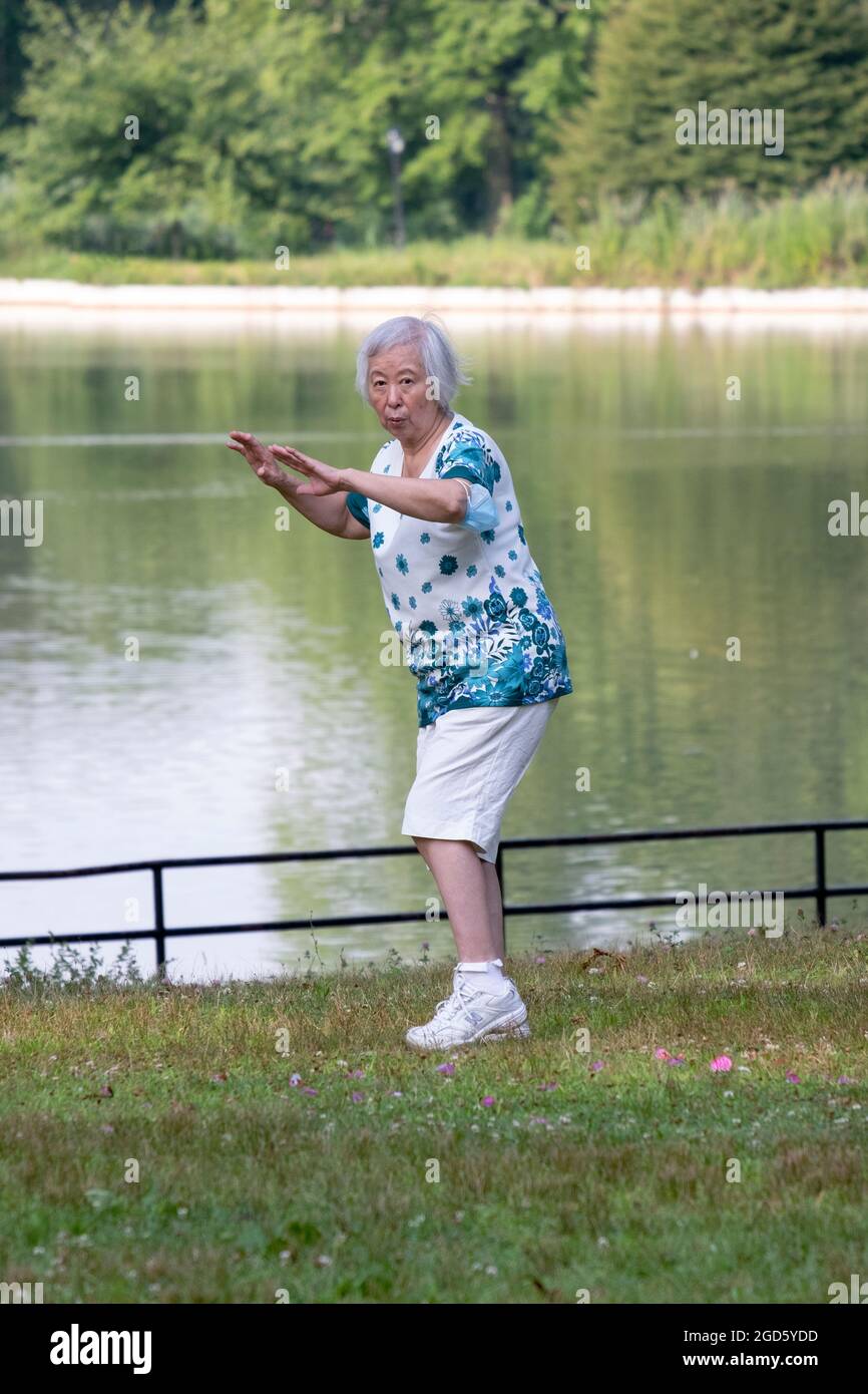 Una donna più anziana, probabilmente negli anni '70, passa attraverso aggraziati moti Thai Chi in un parco a Queens, New York City. Foto Stock