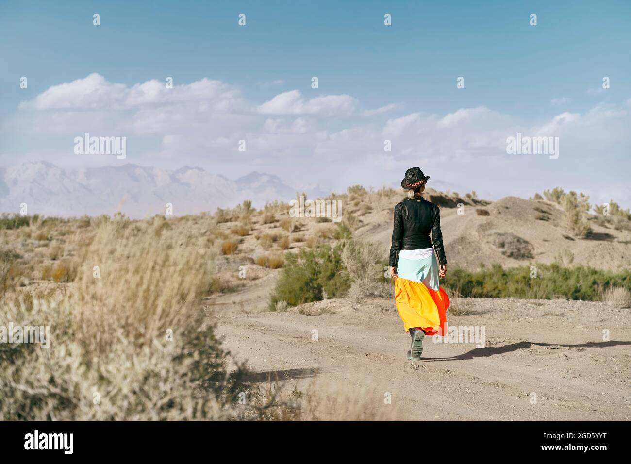 vista posteriore di una donna asiatica in gonna lunga che cammina su una strada sterrata attraverso il deserto di gobi Foto Stock