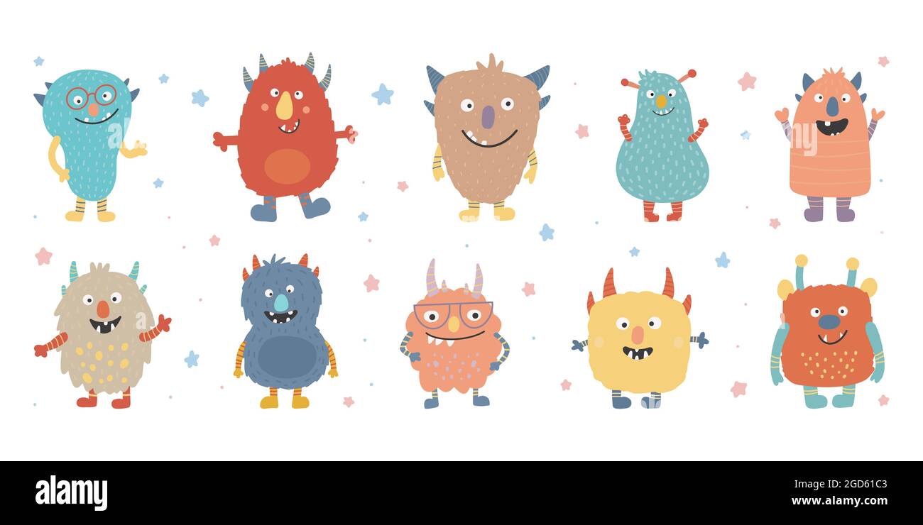 Set testa colorata Monster. Occhi, lingua, dente fang. Felice Halloween. Carino kawaii cartoon spaventoso personaggio divertente bambino. Illustrazione Vettoriale