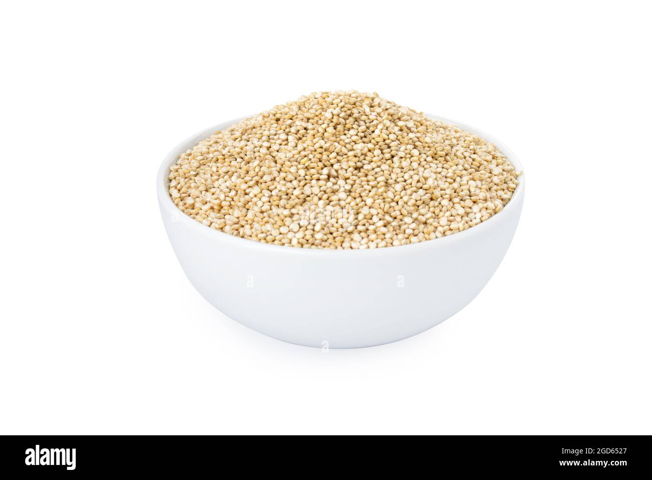 Semi di quinoa, quinoa in ciotola bianca, su sfondo bianco Foto Stock