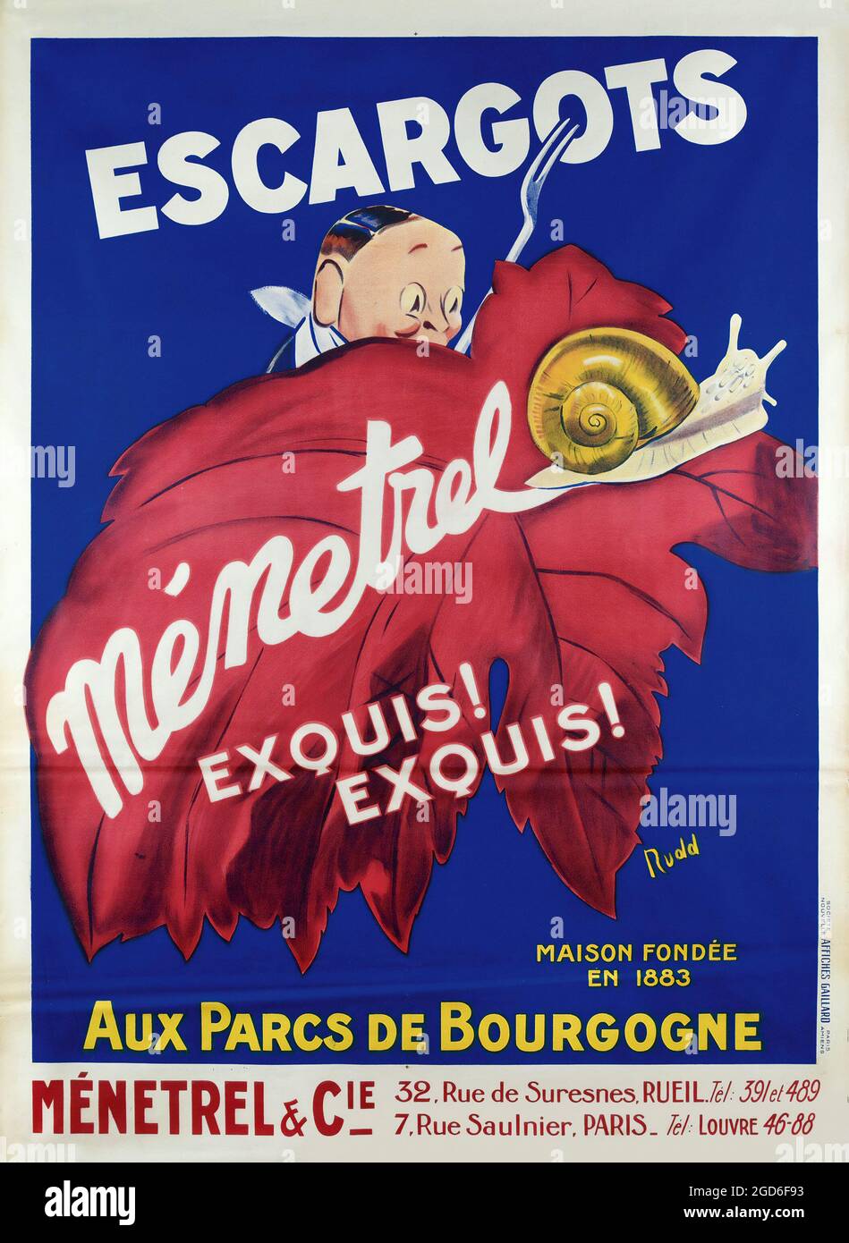 Pubblicità / poster vecchio e vintage. Escargots Menetrel, 1926. Francia. Artista: Rudd. Foto Stock