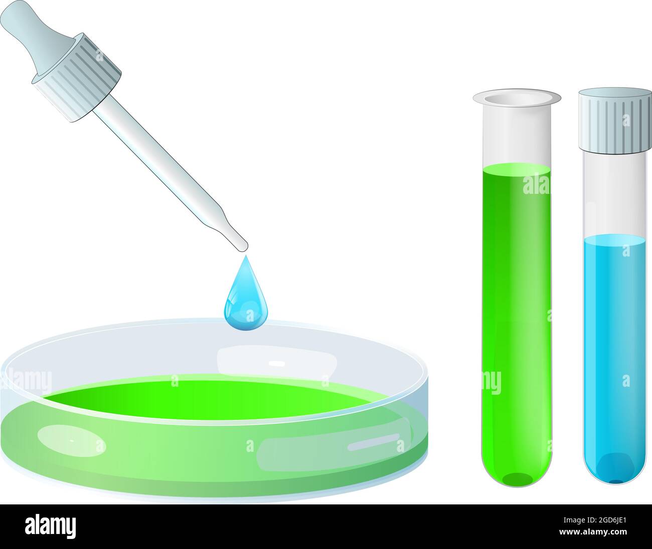 Piastra Petri e pipetta, vetro da laboratorio e provetta per analisi. Gocce di liquido blu. Strumenti di laboratorio per la ricerca microbiologica o biotecnologica. Scienza Illustrazione Vettoriale