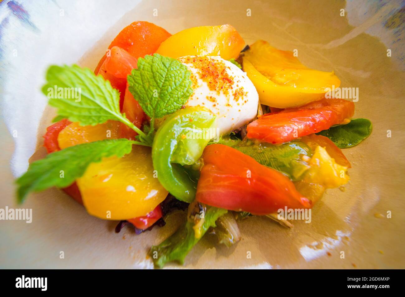 Insalata caprese, mozzarella, pomodori vari e basilico, primo piano. Foto Stock
