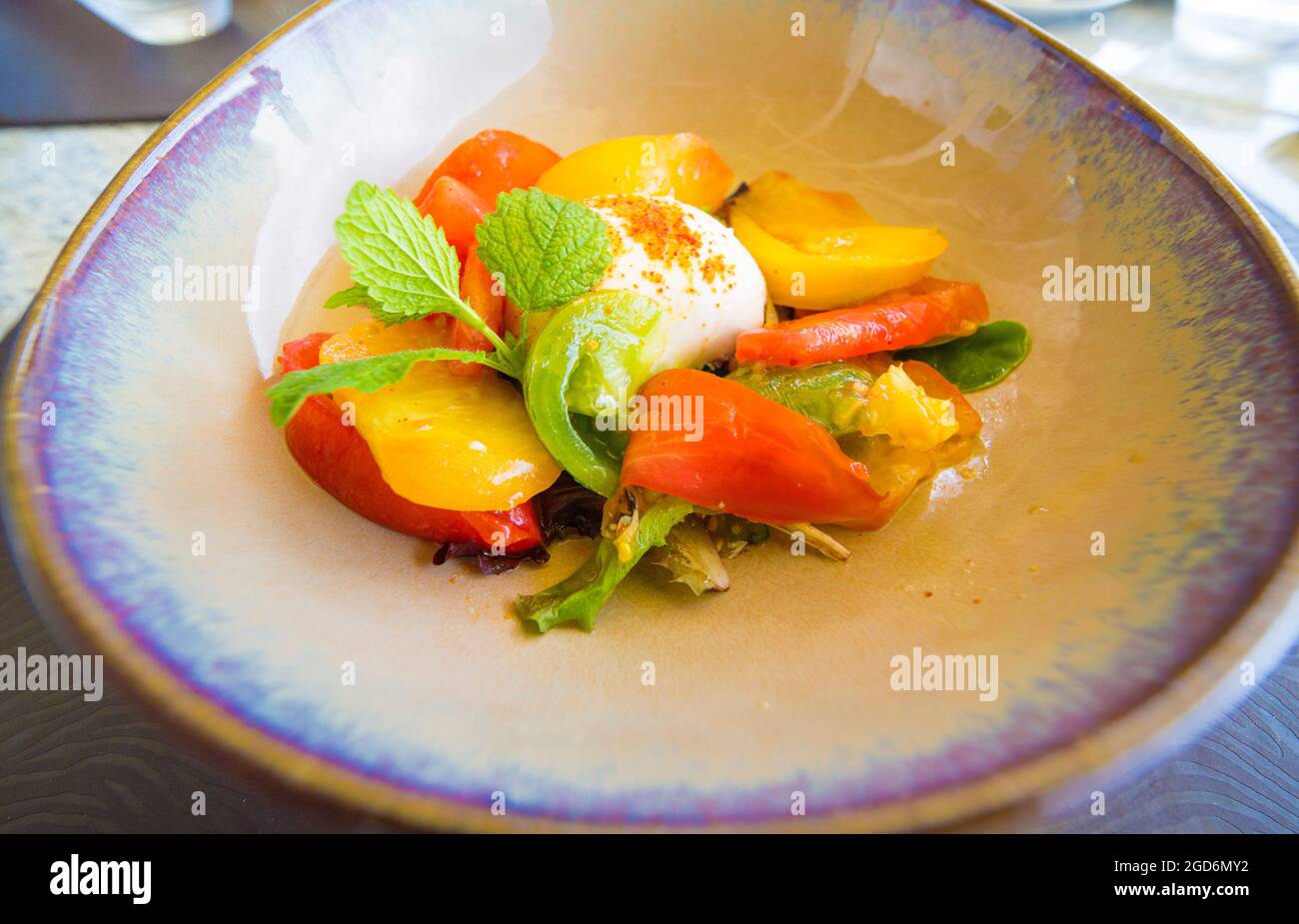 Insalata caprese, mozzarella, pomodori vari e basilico, primo piano. Foto Stock