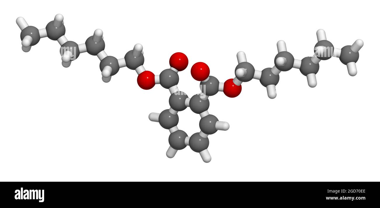 Molecola di plastificante di-n-esil ftalato (DNHP). Rendering 3D. Foto Stock