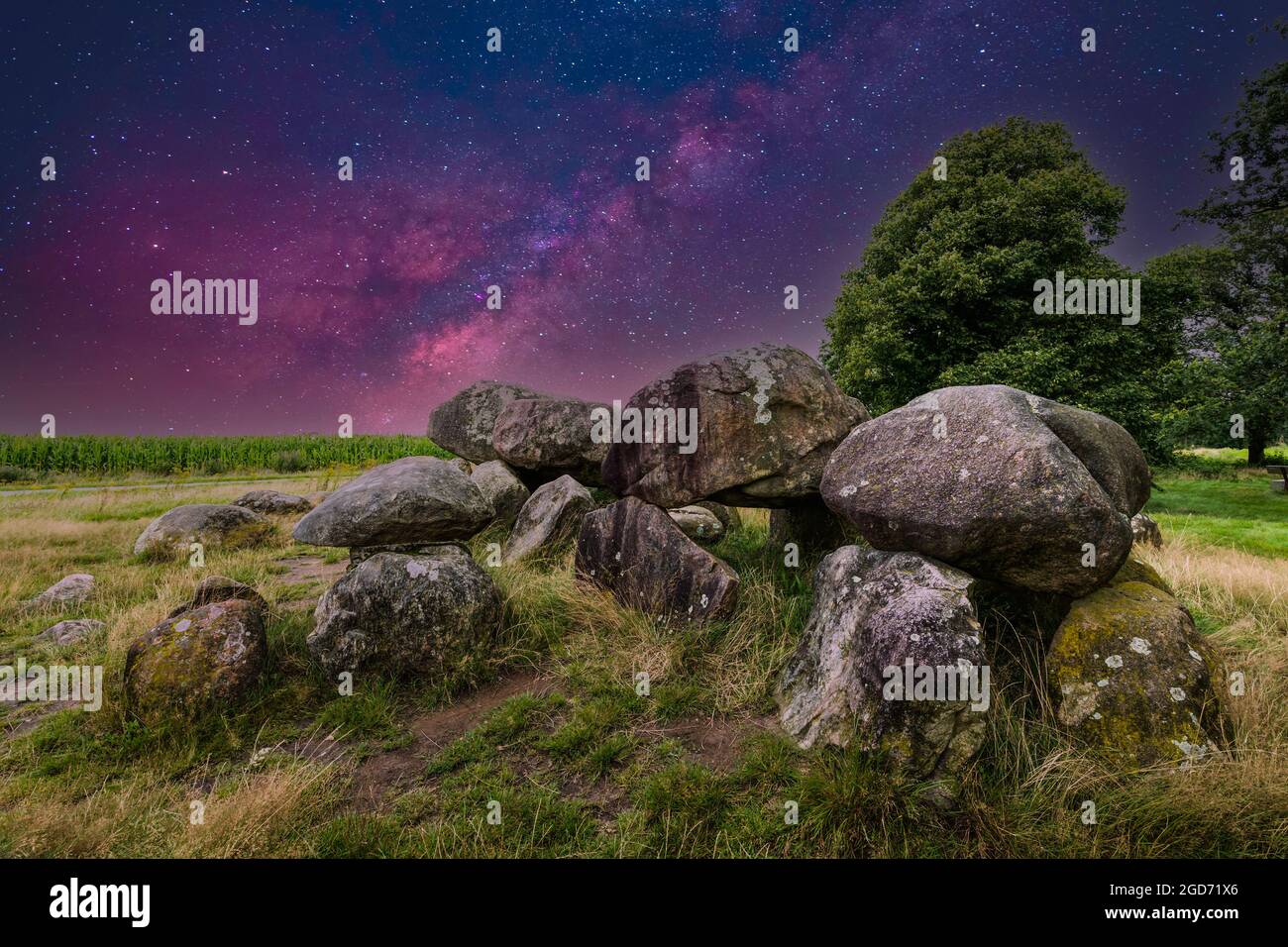 Vista notturna con cielo stellato in un cielo limpido dei resti di un monumento sepolcrale megalitico, Hunebed D15, costituito da pietre di supporto e pietre Foto Stock