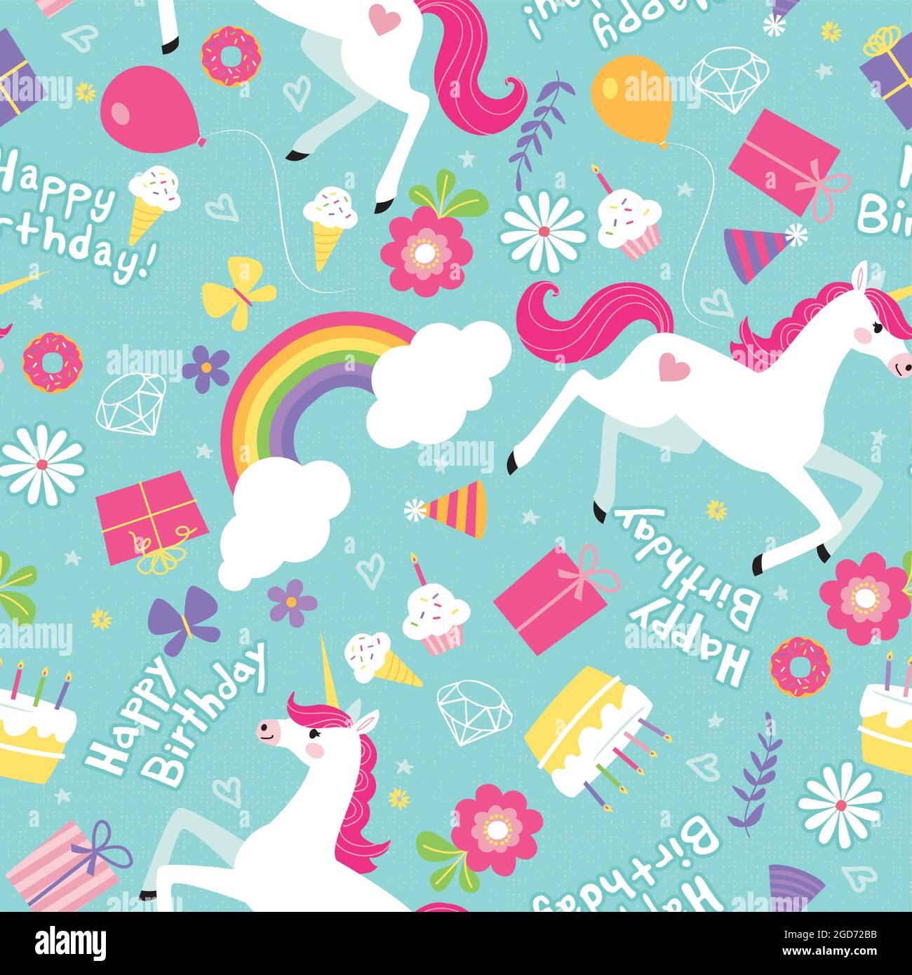 Ragazza di compleanno Unicorn Rainbow modello vettoriale senza giunture Illustrazione Vettoriale