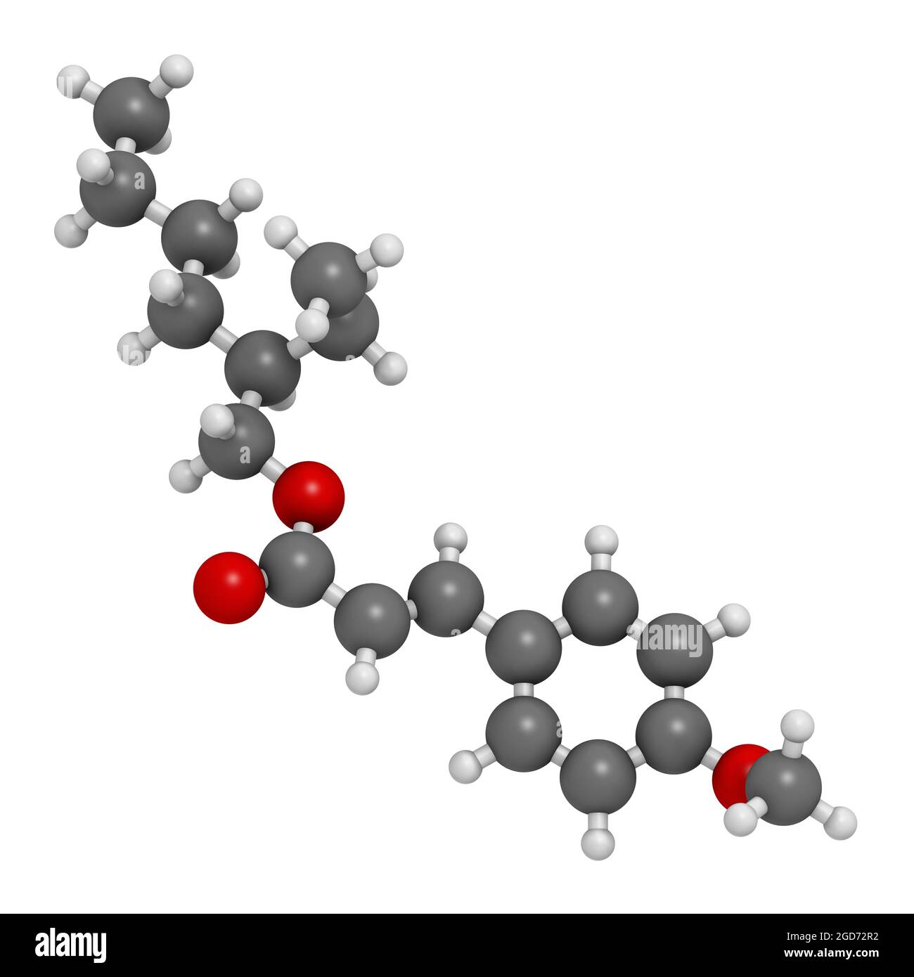 Ottil metossicinnamato (ottinoxato) molecola di protezione solare. Rendering 3D. Foto Stock