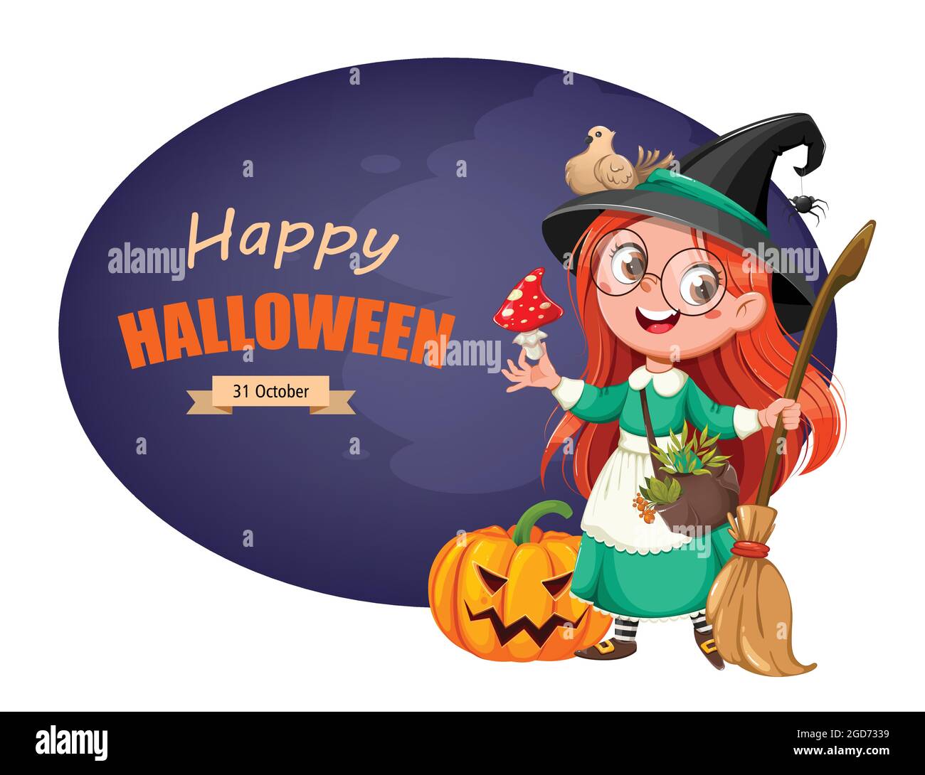 Felice biglietto d'auguri di Halloween. Ragazza carina strega. Bel personaggio cartoon strega. Illustrazione vettoriale stock Illustrazione Vettoriale