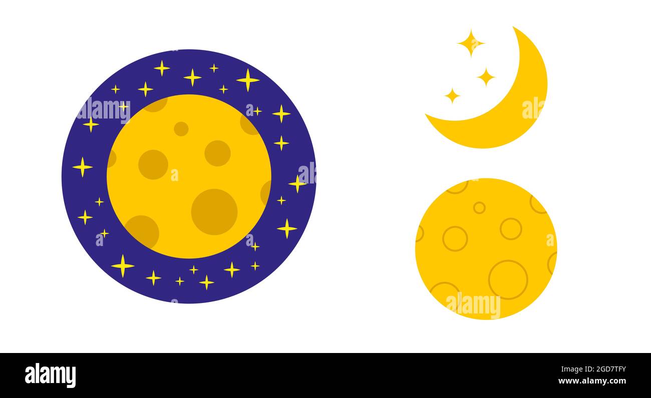 Set di icone Luna. Luna nello spazio, luna crescente con stelle. Luna in crateri. Immagine vettoriale piatta isolata su sfondo bianco. Illustrazione Vettoriale