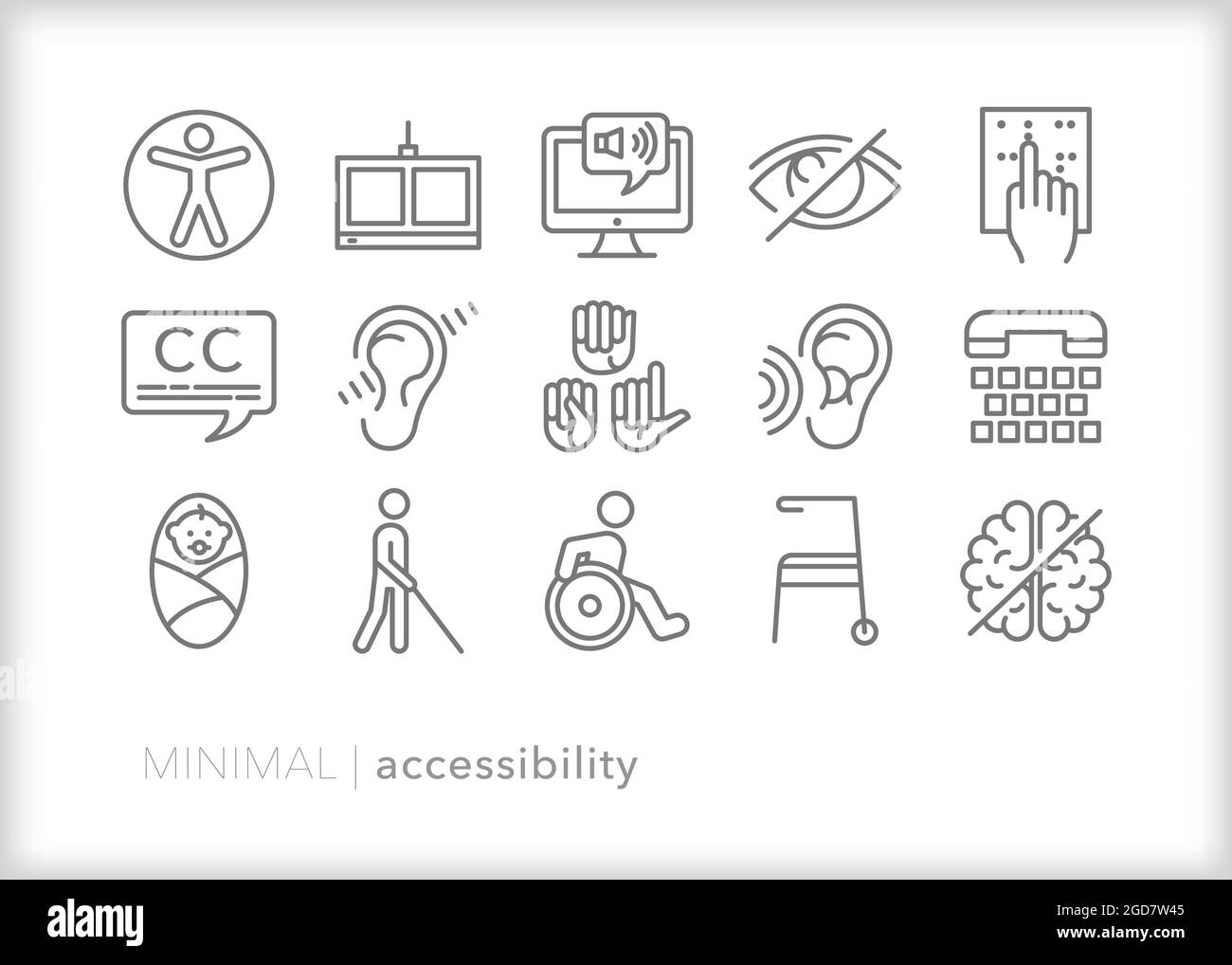 Set di icone di accessibilità per tipi di considerazioni uditive, visive e di mobilità per contenuti Web, siti Web e testo Illustrazione Vettoriale