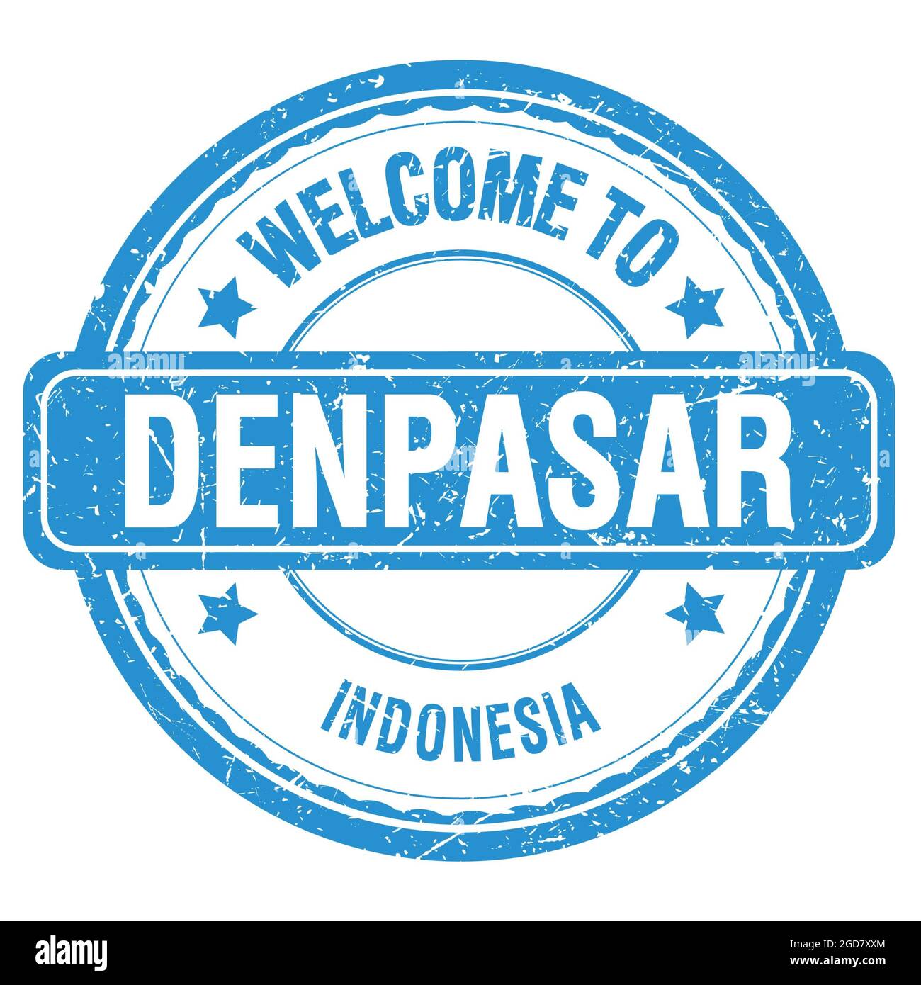 BENVENUTI A DENPASAR - INDONESIA, parole scritte sul francobollo blu Foto Stock