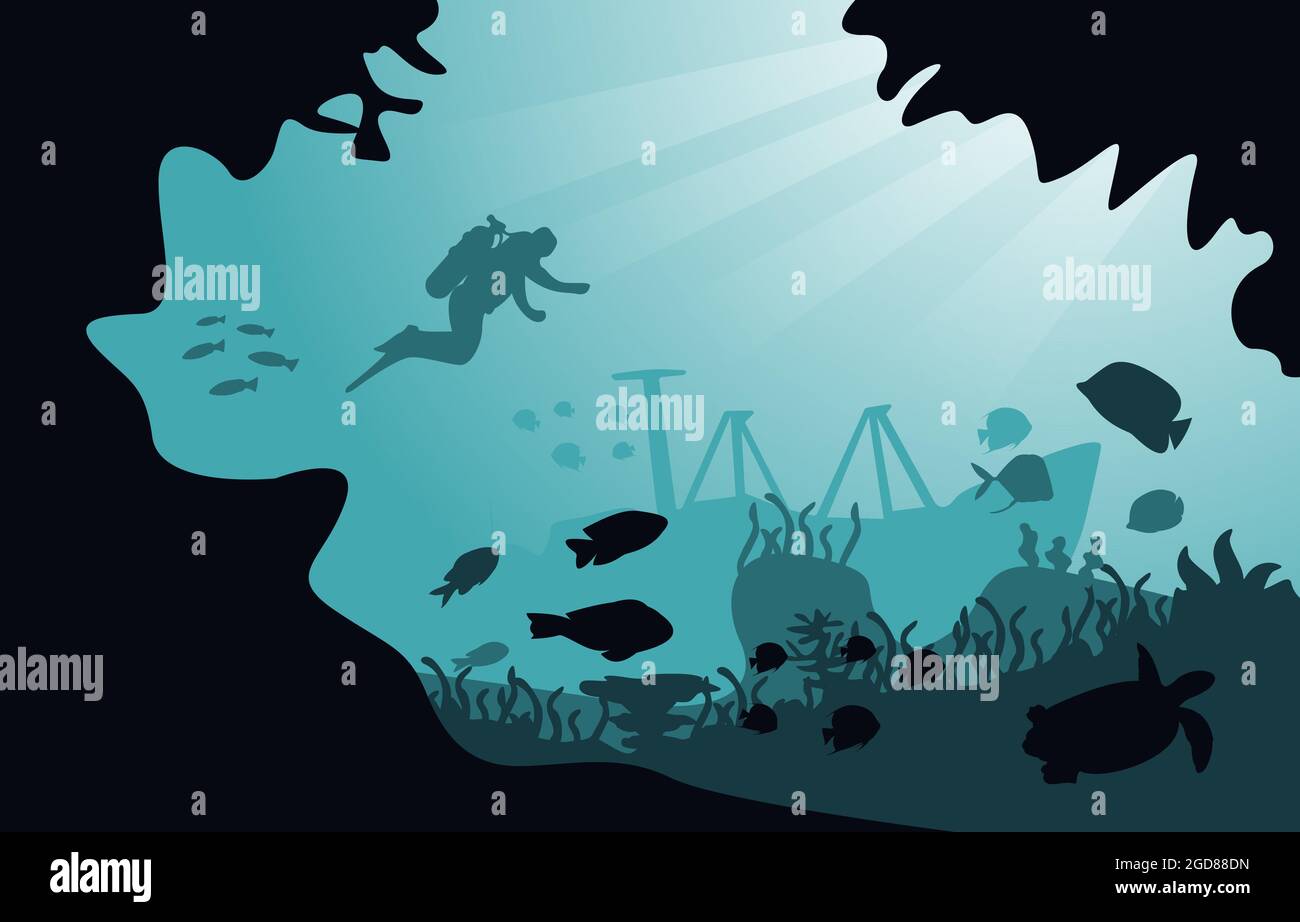 Nave subacquea Sunken Fauna Animali marini Illustrazione Acquatica subacquea Illustrazione Vettoriale