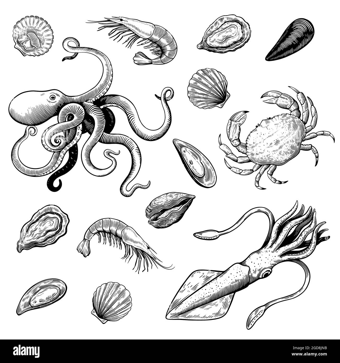 Frutti di mare in legno di colore bianco e nero, molluschi, gamberi e granchio. Illustrazione Vettoriale