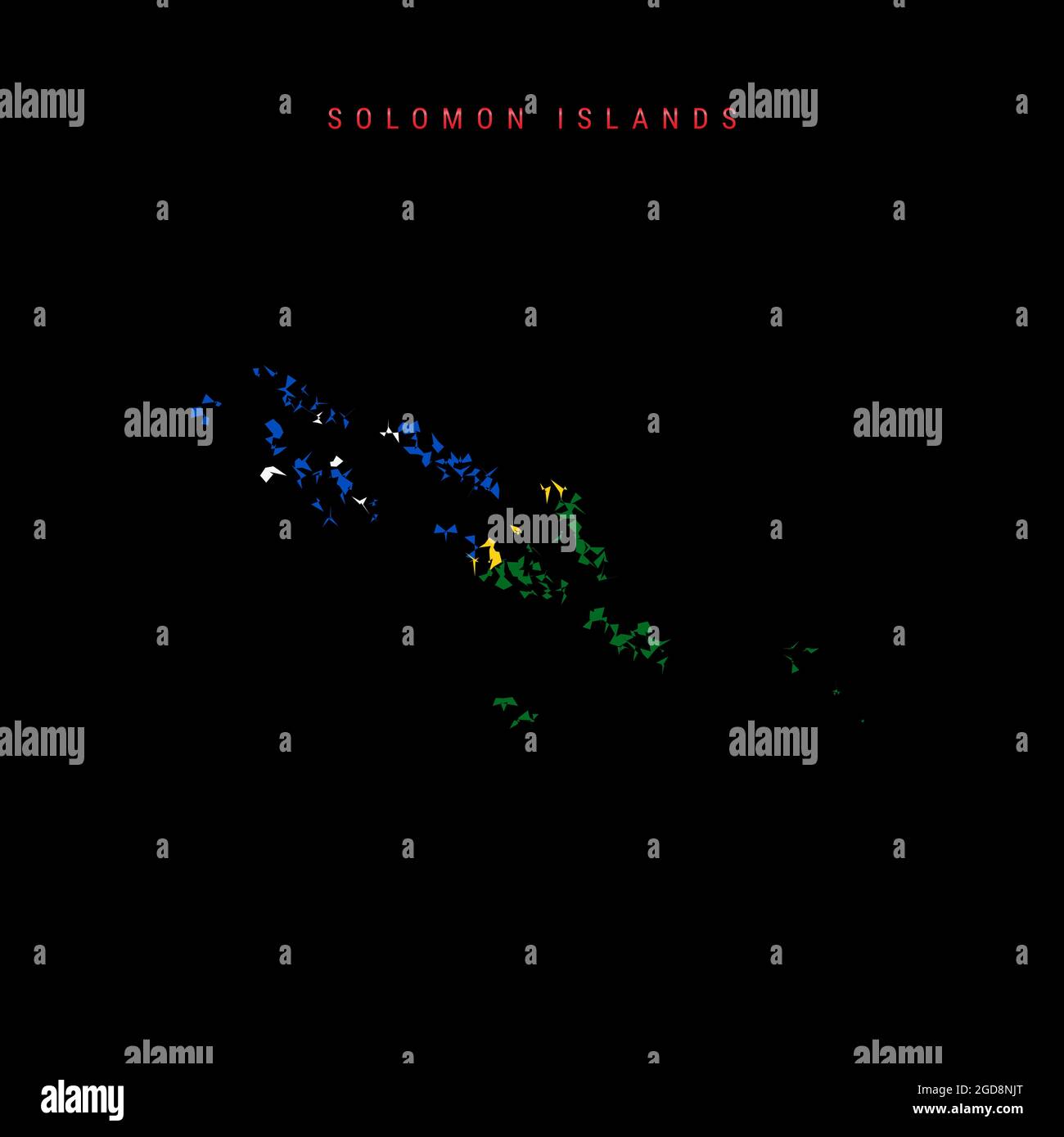 Mappa delle bandiere delle Isole Salomone, schema di particelle caotiche nei colori della bandiera delle Isole Salomone. Illustrazione isolata su sfondo nero Foto stock - Alamy