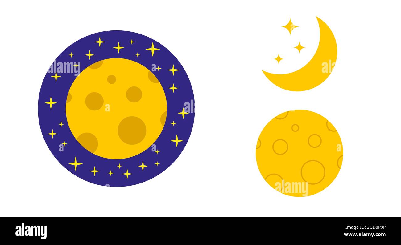 Set di icone Luna. Luna nello spazio, luna crescente con stelle. Luna in crateri. Illustrazione piatta isolata su sfondo bianco. Foto Stock