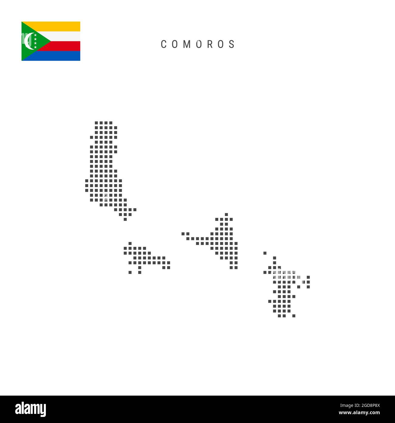 Mappa di campitura a punti quadrati delle Comore. Unione delle Comore mappa punteggiata pixel con bandiera nazionale isolata su sfondo bianco. Foto Stock