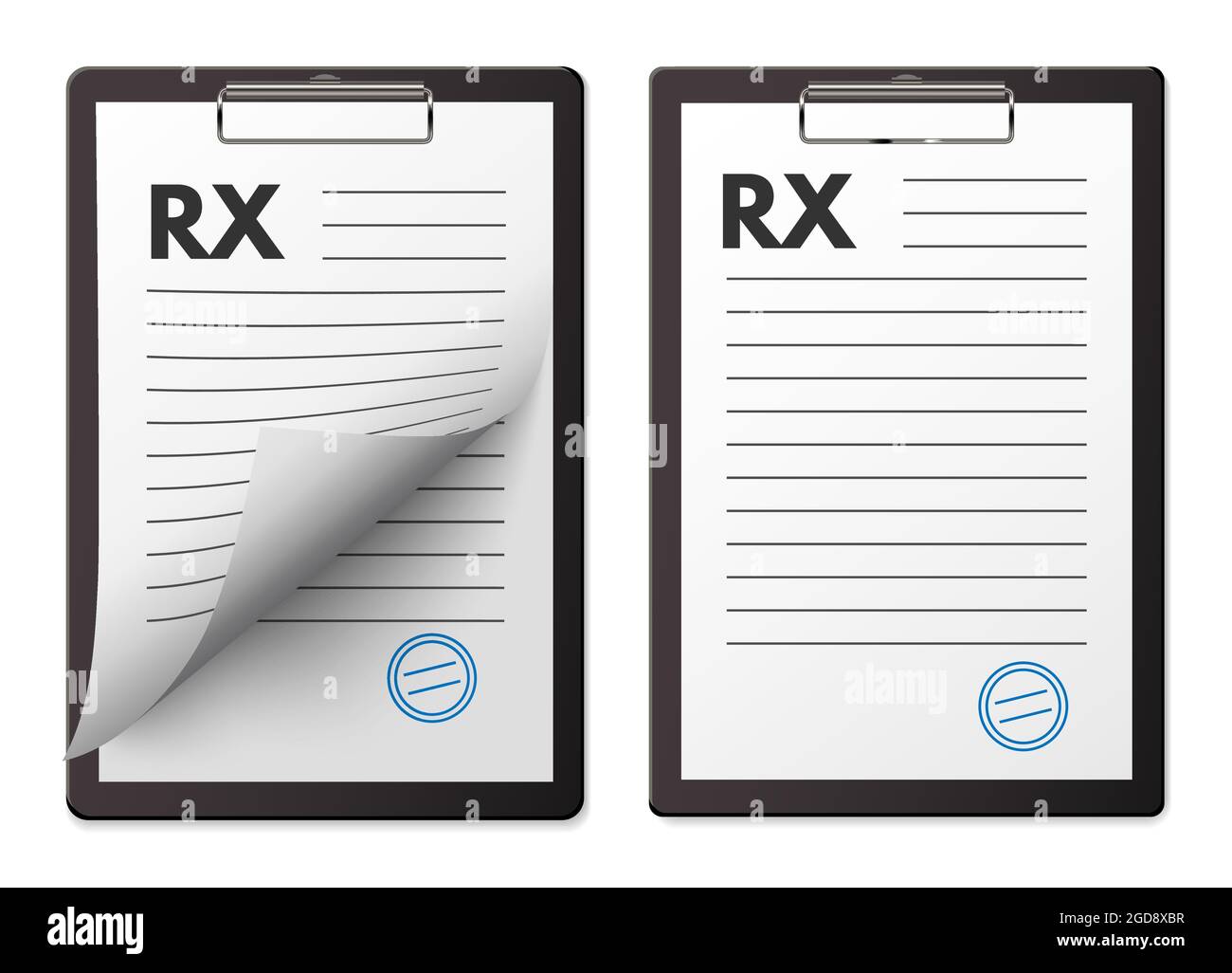 Set di tamponi per prescrizione medica RX. Appunti cartacei per il referto e le prescrizioni per i pazienti illustrazione vettoriale. Documento ospedaliero o clinico su t Illustrazione Vettoriale