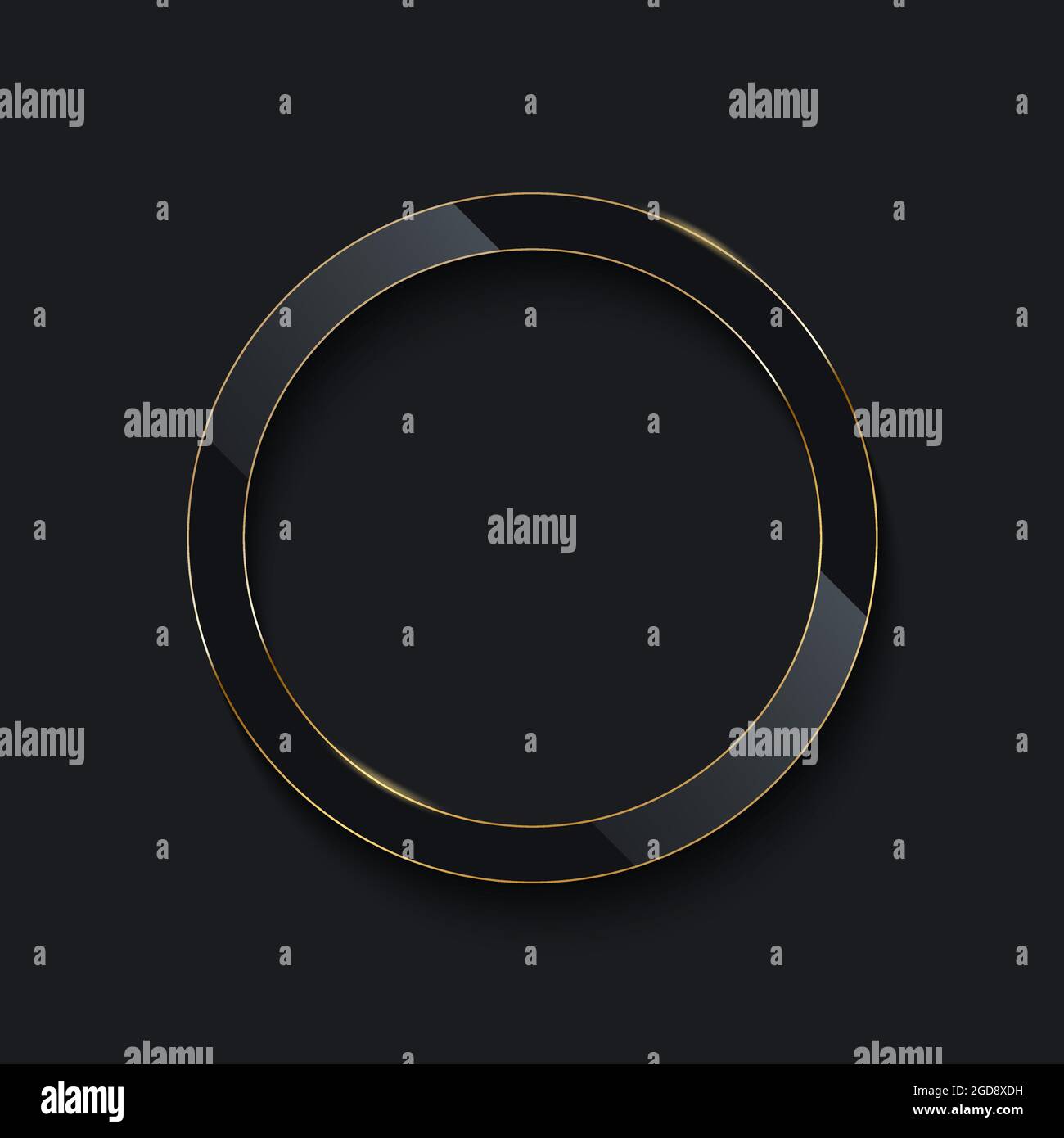 Cerchio di vetro nero con linea dorata su sfondo scuro. Telaio elettrico rotondo. Illustrazione vettoriale del design geometrico della moda. Anello minimo vuoto, Illustrazione Vettoriale