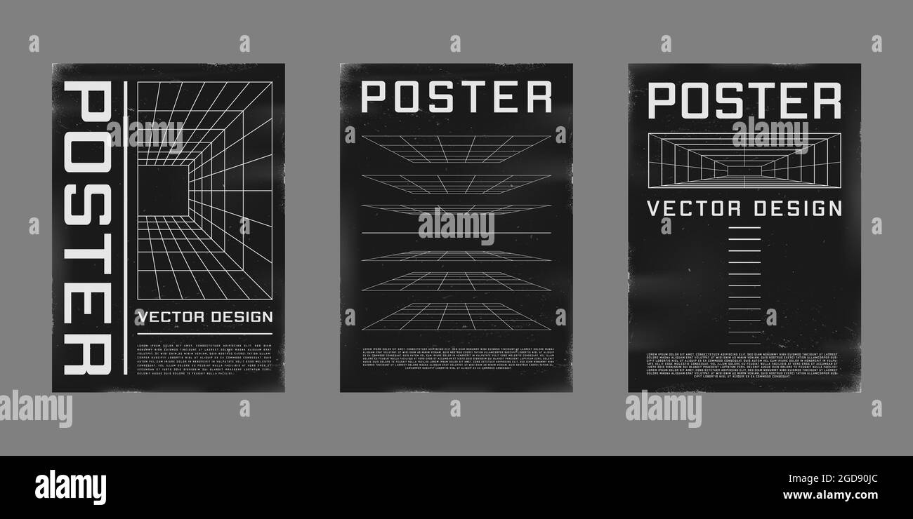 Set di poster di design retrofuturistico. Poster in stile cyberpunk anni '80 con tunnel a griglia di prospettiva. Modello shabby graffiato flyer per il tuo design Illustrazione Vettoriale