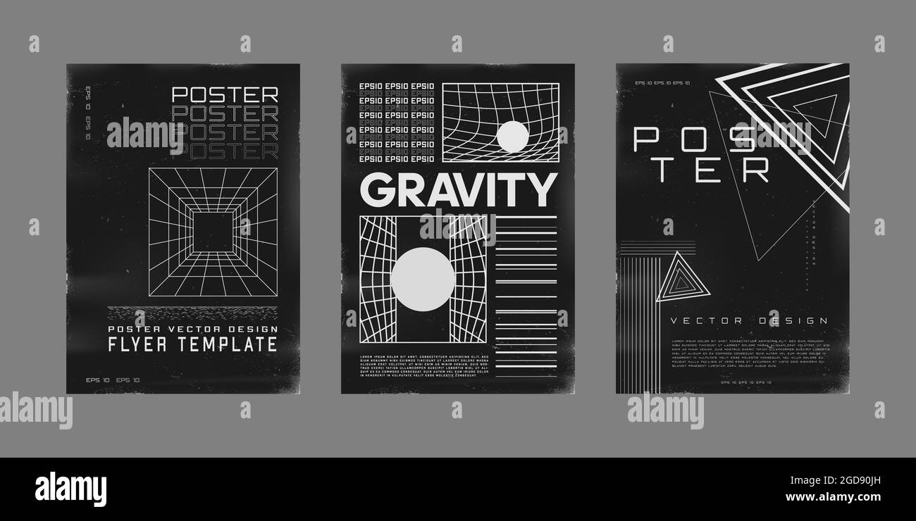 Set di poster di design retrofuturistico. Poster in stile cyberpunk 80s con tunnel a griglia prospettica, visualizzazione a gravità, forme a triangolo. Shabby Illustrazione Vettoriale