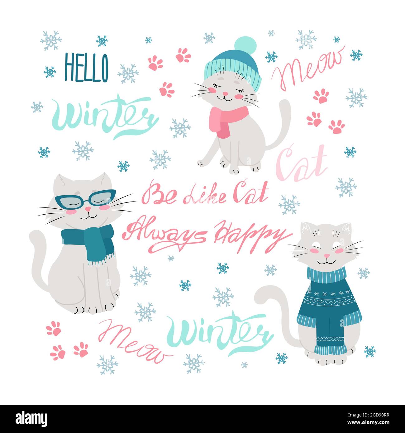 Gatti allegri in abiti invernali, scritti a mano come un gatto, sempre felici. Ciao scritta invernale. Illustrazione vettoriale in stile piatto Illustrazione Vettoriale