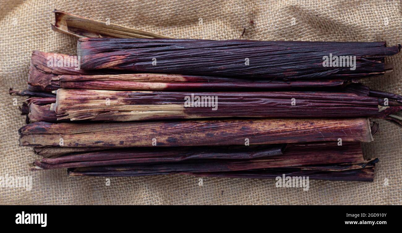 Ghana Waakye lascia. Steli bicolore di sorgo usati per cibo Ghanaiano Foto Stock