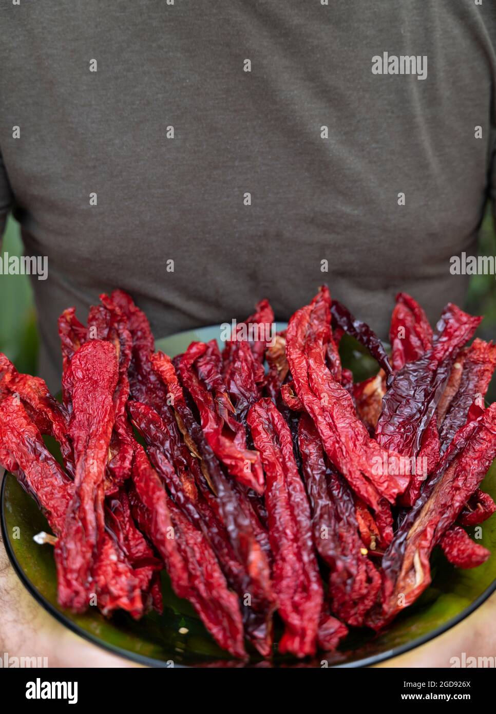 Primo piano di un uomo che tiene peperoni rossi secchi, una cucina tradizionale spagnola mediterranea. Foto Stock