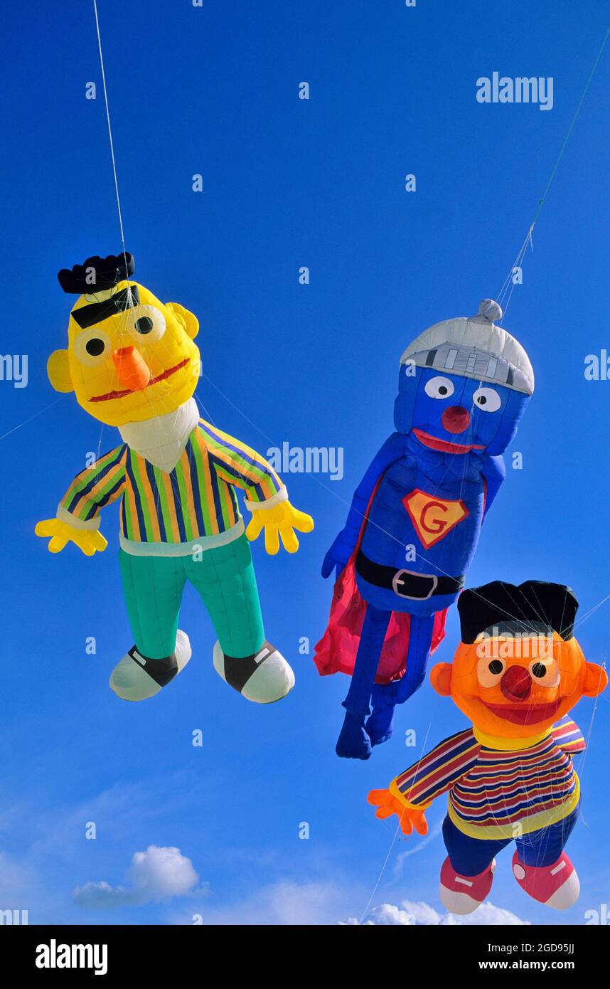 FRANCIA, PAS-DE-CALAIS (62) BERCK-SUR-MER, FESTIVAL DEL KITE, BERT ERNIE E SUPER GROVER KITE SENZA STRUTTURA DA NESSUN GRUPPO DI KITE TEDESCO DESIGNER Foto Stock