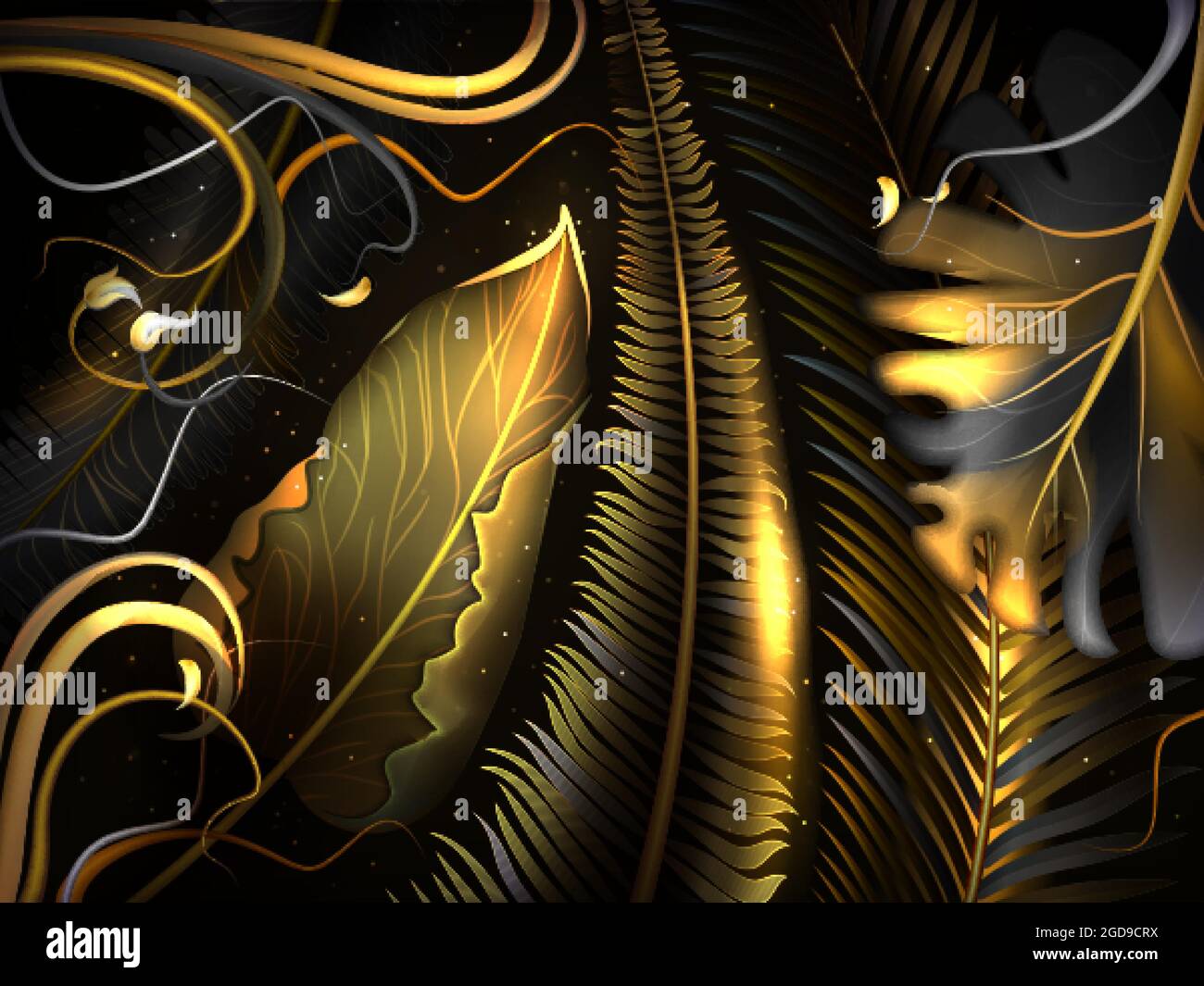 Motivo senza cuciture con oro e foglie tropicali nere su sfondo scuro. Piante incandescenti al neon con decorazione dorata. Foglia realistica della giungla con palme, liana. Design botanico esotico di lusso. Illustrazione Vettoriale