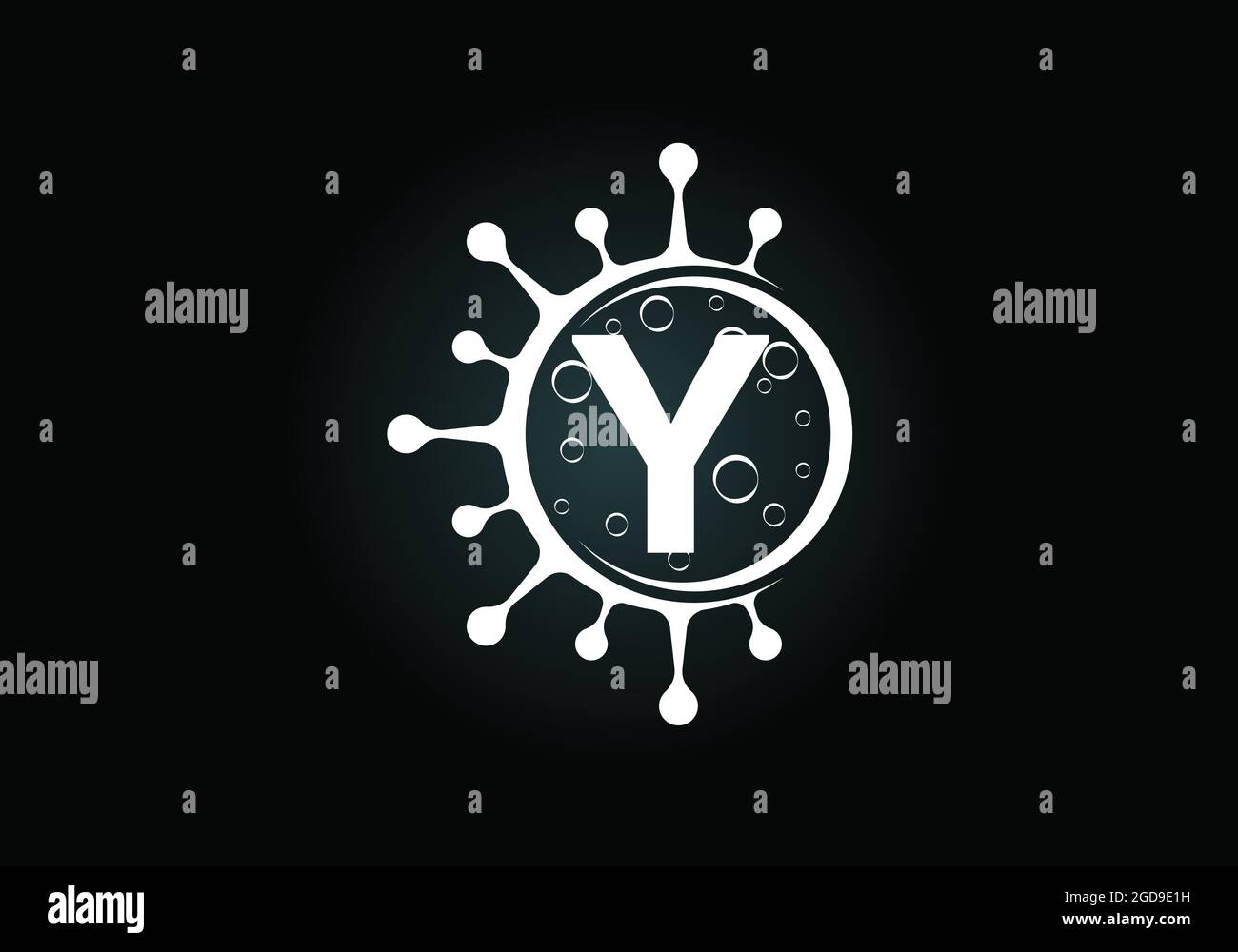 Alfabeto monogramma Y iniziale con cellule di Coronavirus. Grafico vettoriale del disegno del simbolo del logo del laboratorio. Fregio del carattere. Corona virus (Covid-19). Fermata Corona Illustrazione Vettoriale