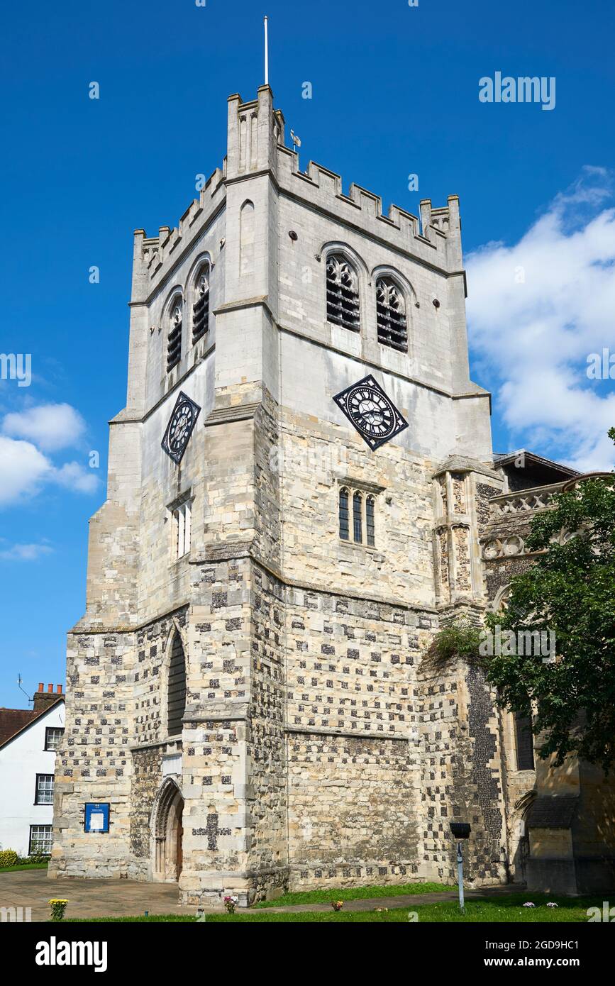 La torre del 16 ° secolo di Waltham Abbey Church, Abbazia di Waltham, Essex, Inghilterra meridionale Foto Stock
