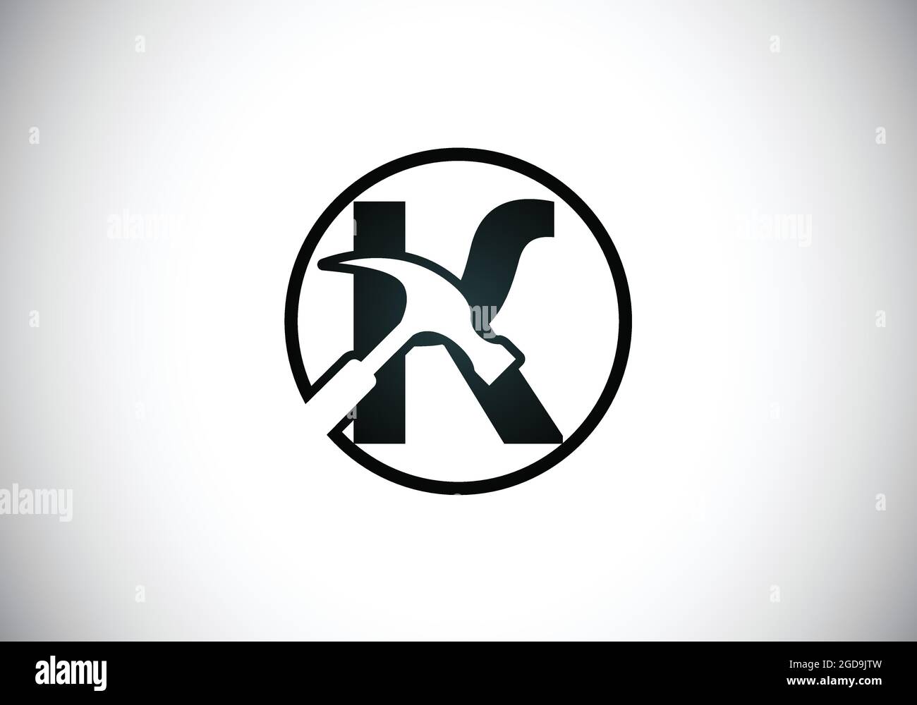 Lettera iniziale del monogramma K con un martello. Logo di riparazione, ristrutturazione e costruzione. Logo vettoriale moderno per il settore edile e l'azienda Illustrazione Vettoriale