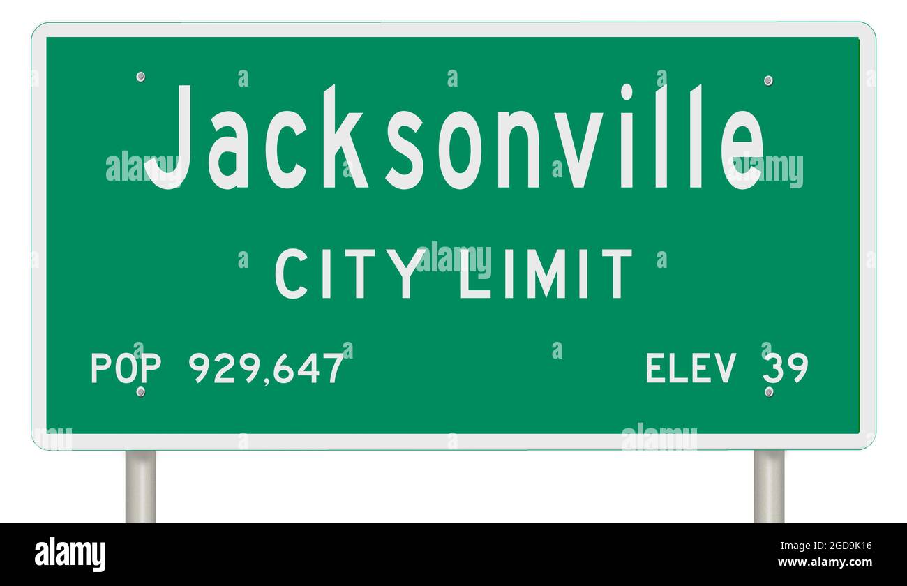 Rappresentazione di un cartello verde dell'autostrada della Florida con le informazioni sulla città Foto Stock