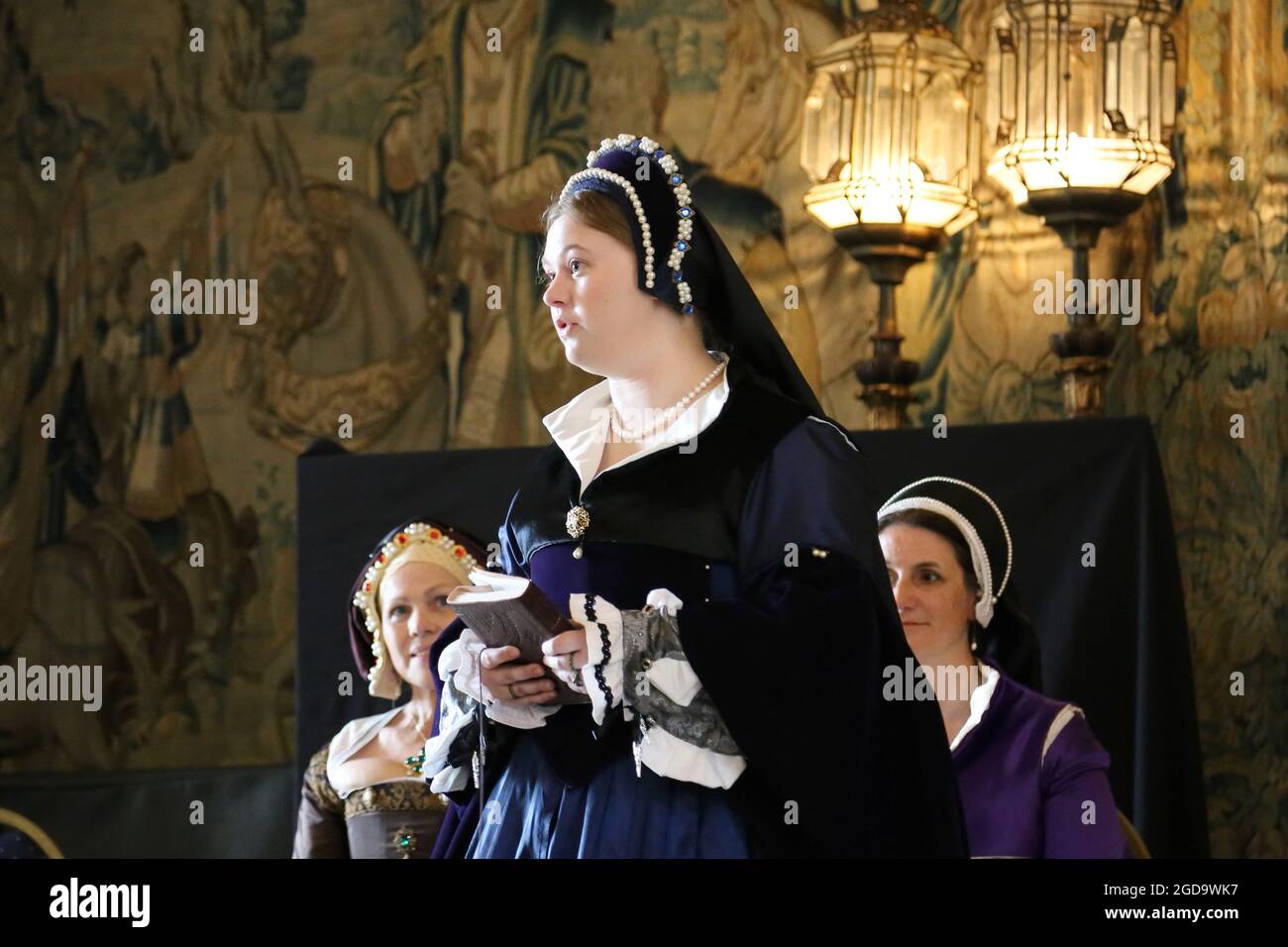 Jane Seymour. Storia vivente del passato presente 'un'udienza con re Enrico VIII', Castello di Berkeley, Gloucestershire, Inghilterra, Regno Unito, Europa Foto Stock