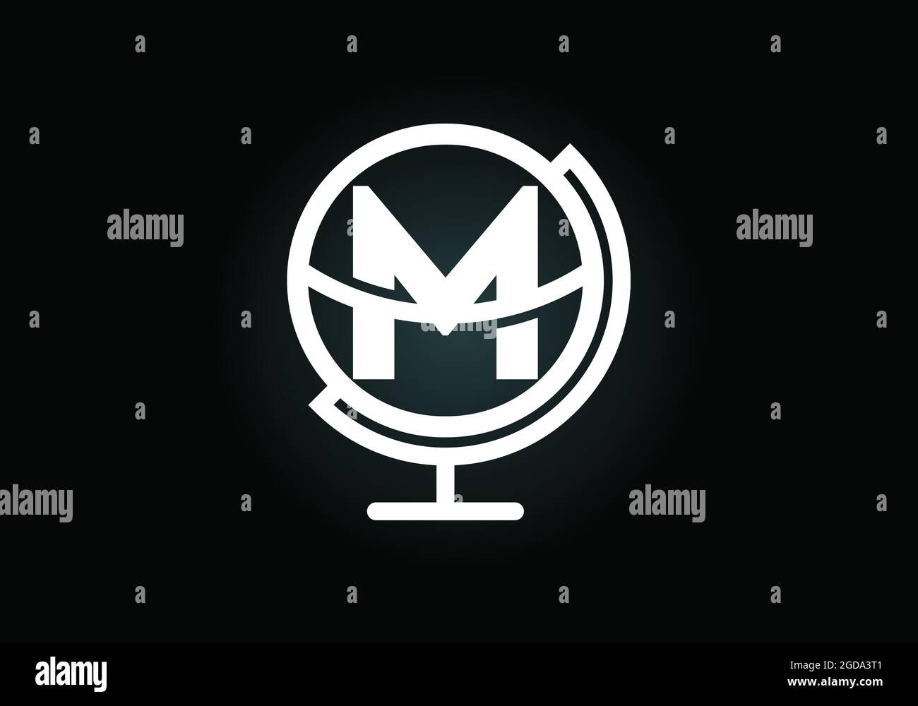 Alfabeto monogramma M iniziale con emblema del globo terrestre. Modello vettoriale per il design del logo Globe. Fregio del carattere. Logo per il settore della comunicazione e l'azienda Illustrazione Vettoriale