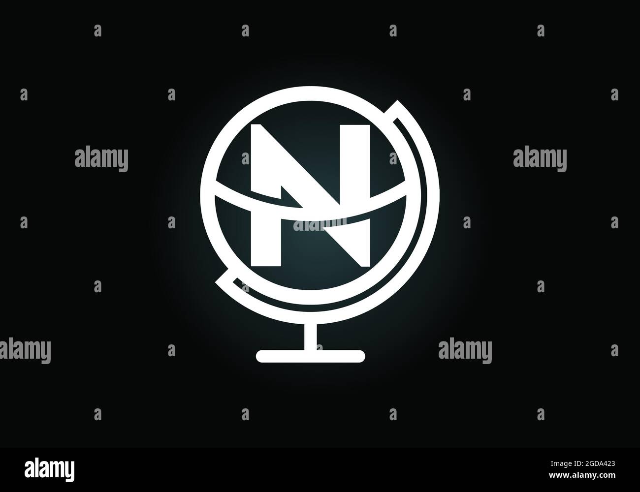 Alfabeto monogramma iniziale N con emblema del globo terrestre. Modello vettoriale per il design del logo Globe. Fregio del carattere. Logo per il settore della comunicazione e l'azienda Illustrazione Vettoriale