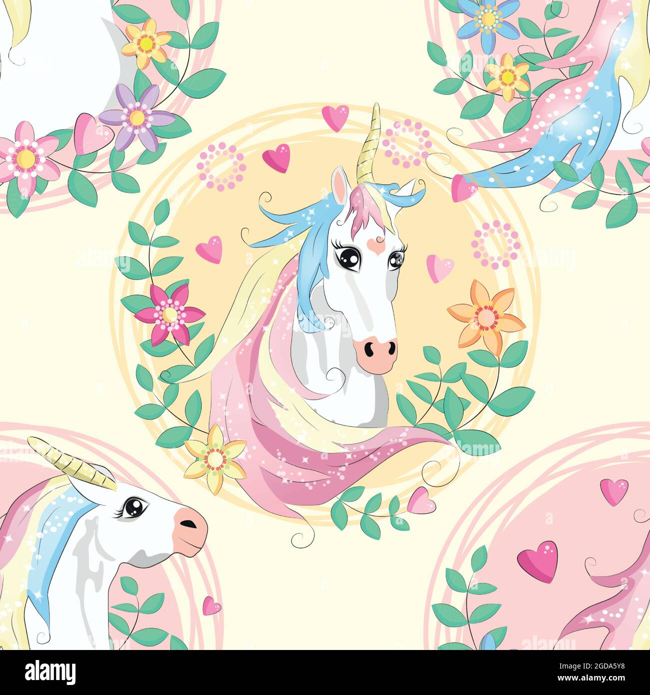 Doodle unicorn pattern per il design tessile. Cartoni animati animali. Stampa Ditsy. Motivo trendy senza cuciture. Modello di tessuto Illustrazione Vettoriale