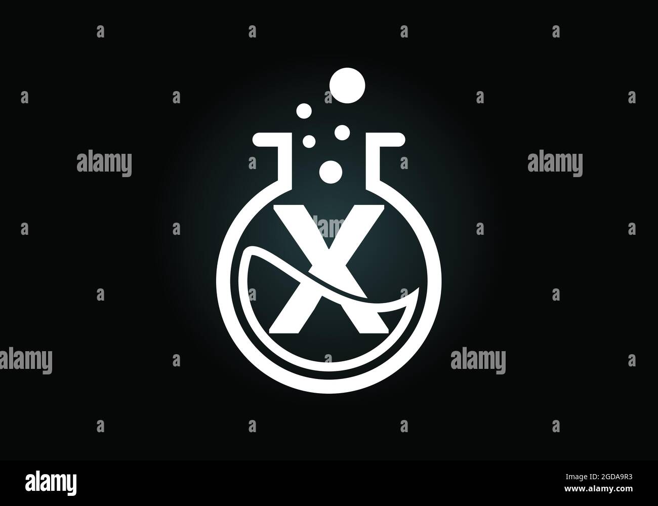 Alfabeto monogramma X iniziale con vetro da laboratorio, liquido chimico e bolle. Logo del laboratorio. Logo per la scienza, la tecnologia e l'identità aziendale Illustrazione Vettoriale