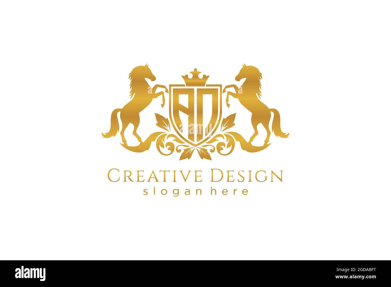 Una cresta dorata retrò con scudo e due cavalli, modello con stemma e corona reale - perfetta per progetti di branding di lusso Illustrazione Vettoriale