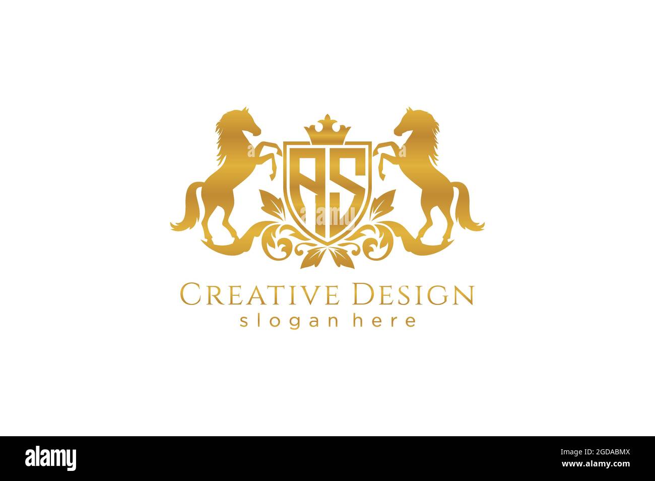 COME cresta dorata retro con scudo e due cavalli, modello badge con scroll e corona reale - perfetto per progetti di branding di lusso Illustrazione Vettoriale