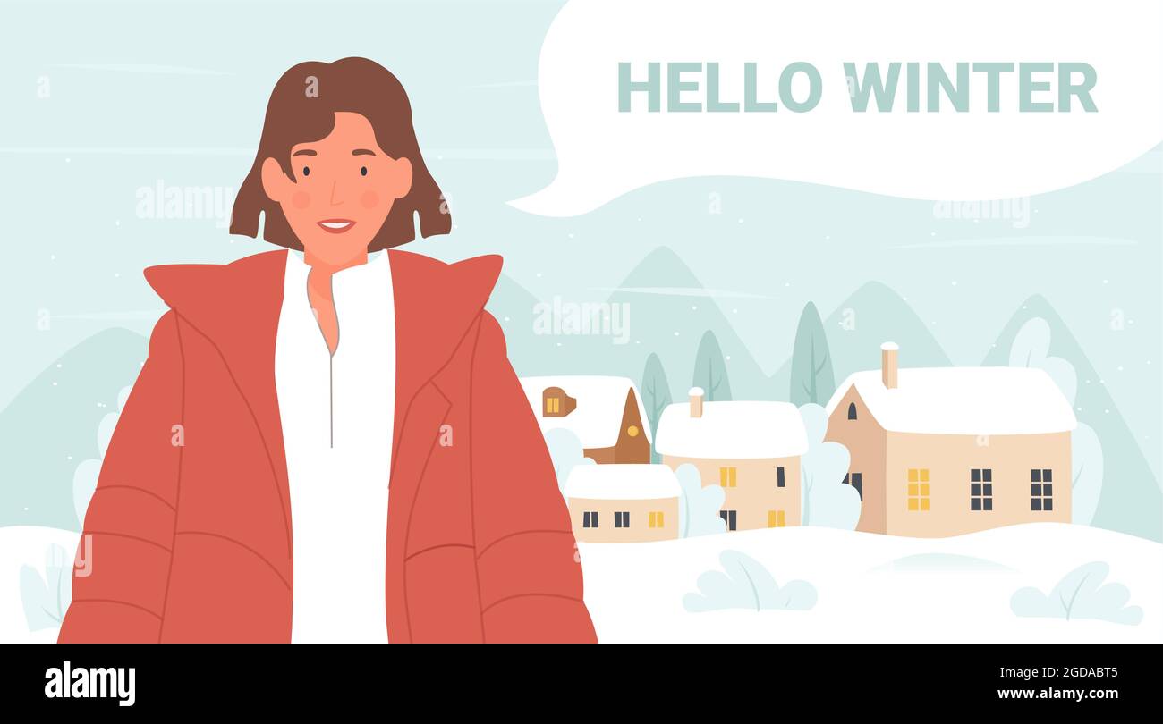 Ragazza dice Ciao inverno, biglietto d'auguri illustrazione vettoriale. Cartone animato giovane donna personaggio in abiti caldi in piedi in bianco neve coperto villaggio e dicendo Ciao inverno in testo bolla sfondo Illustrazione Vettoriale