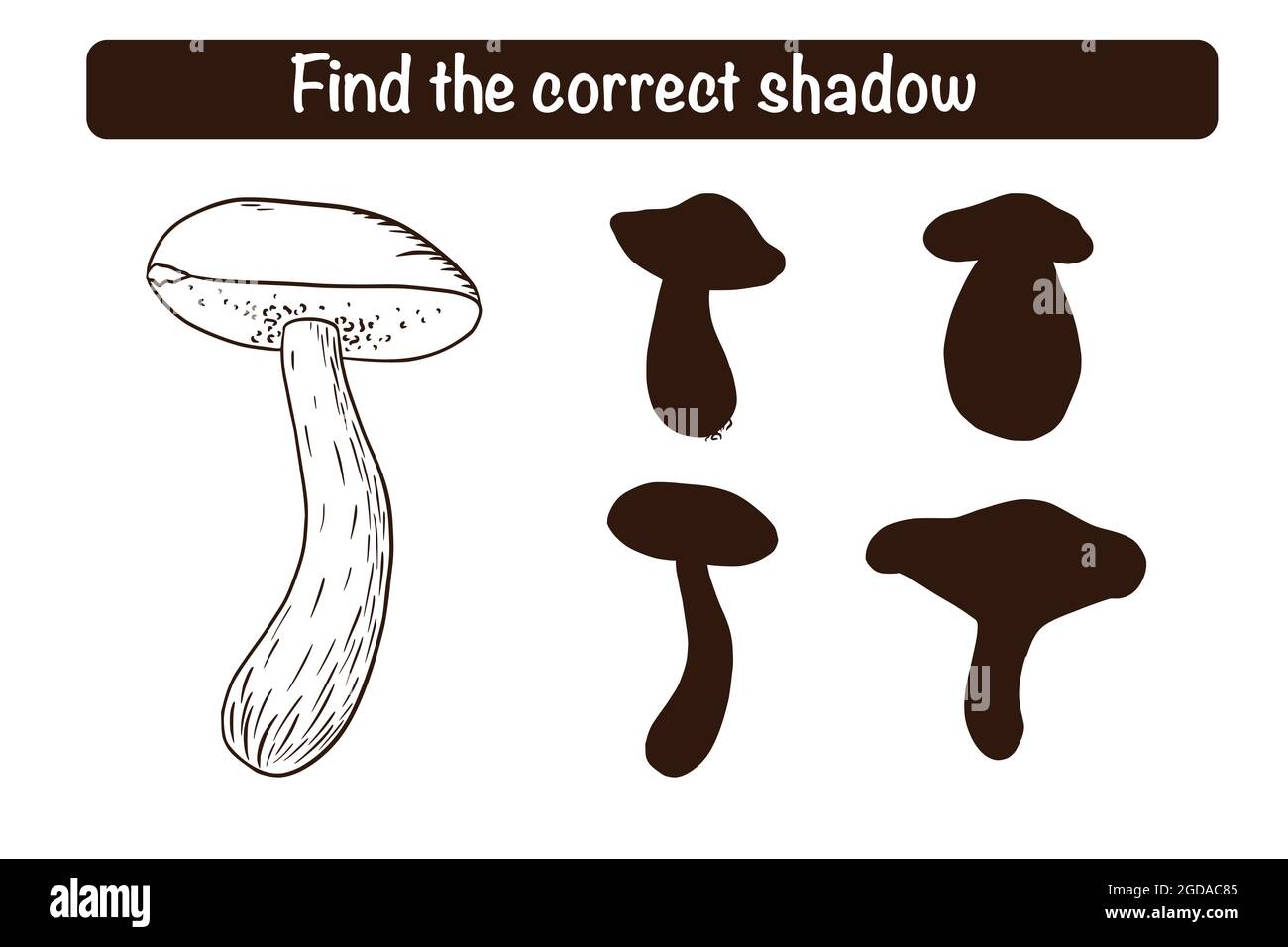 Trova il gioco educativo corretto di Boletus Silhouette per i bambini. Attività di abbinamento ombra per bambini con funghi commestibili. Puzzle prescolare. Foglio di lavoro didattico Illustrazione Vettoriale