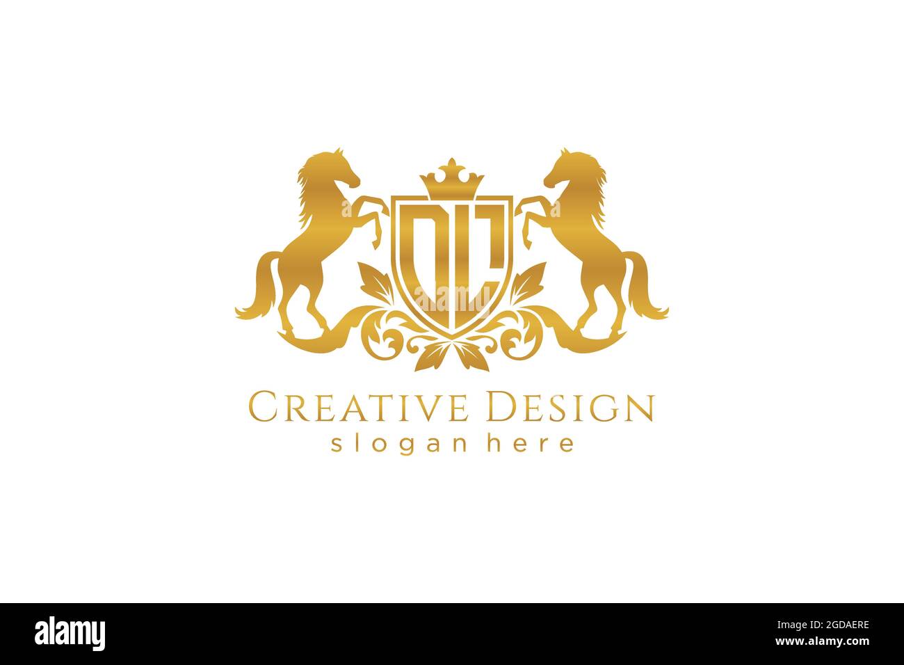 Stemma d'oro DL retro con scudo e due cavalli, stemma con scroll e corona reale - perfetto per progetti di branding di lusso Illustrazione Vettoriale