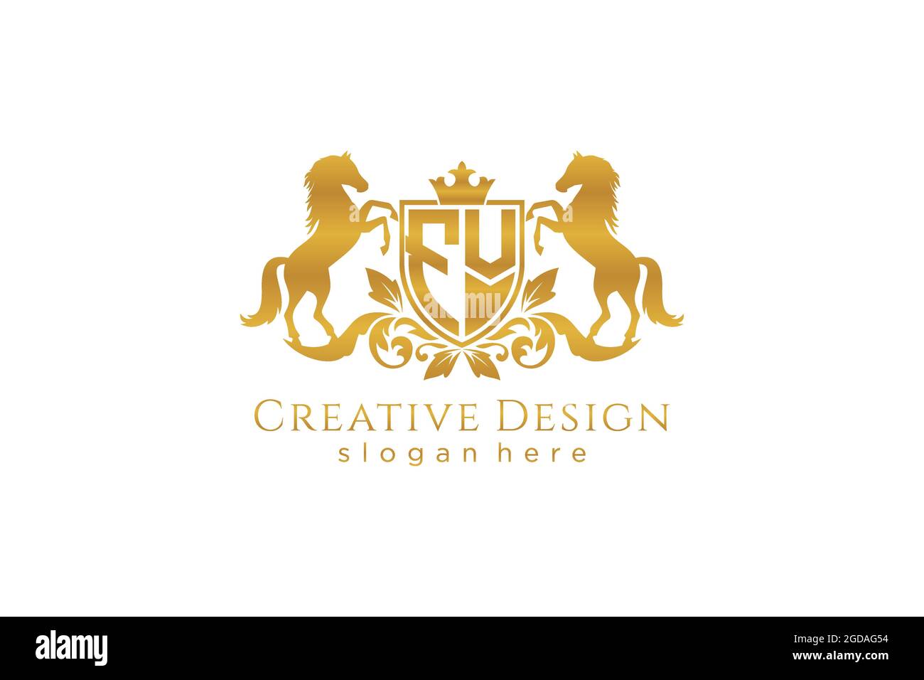 Cresta dorata FV retro con scudo e due cavalli, stemma con scroll e corona reale - perfetta per progetti di branding di lusso Illustrazione Vettoriale