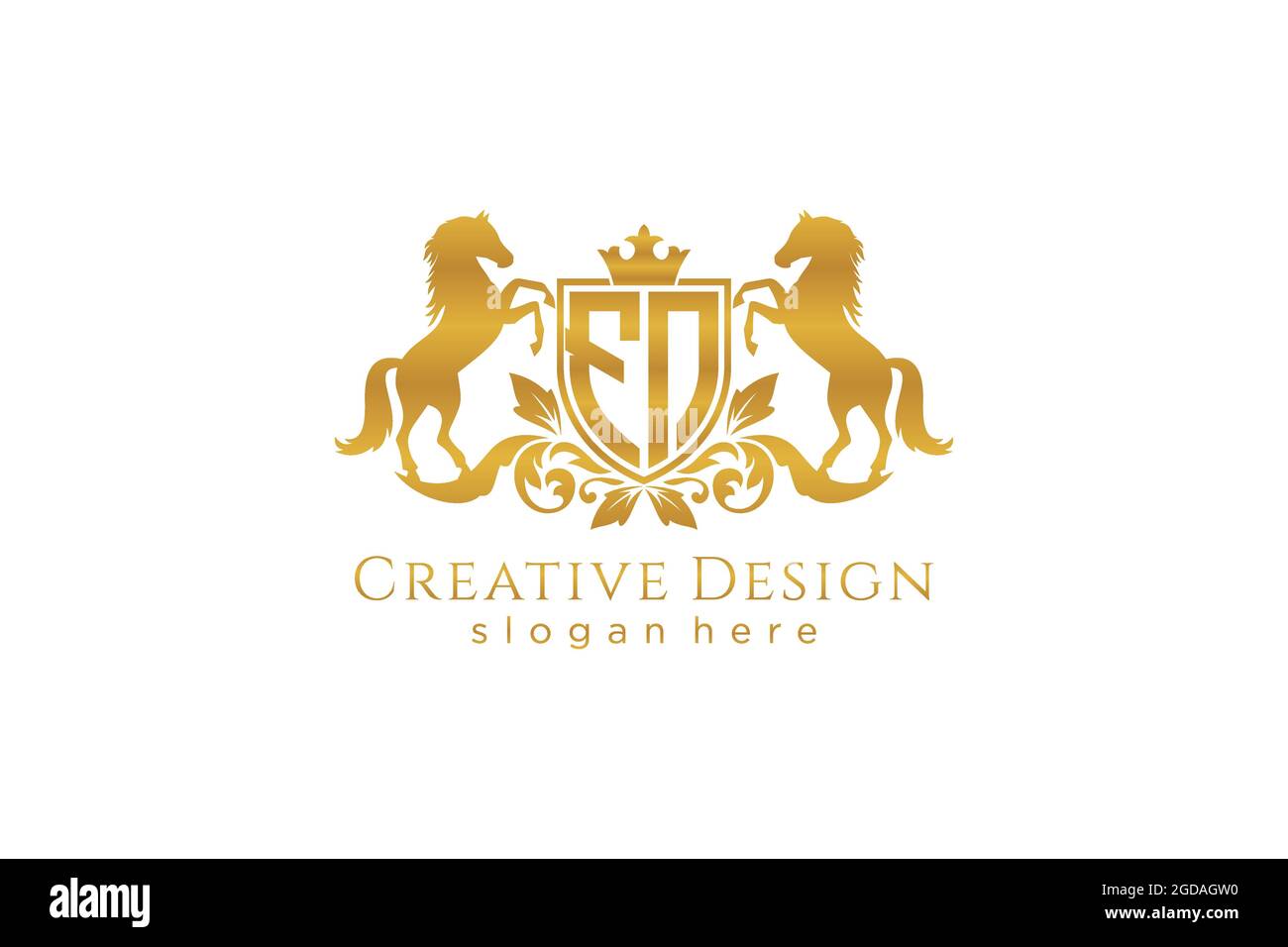 Cresta dorata FN retro con scudo e due cavalli, stemma con scroll e corona reale - perfetta per progetti di branding di lusso Illustrazione Vettoriale