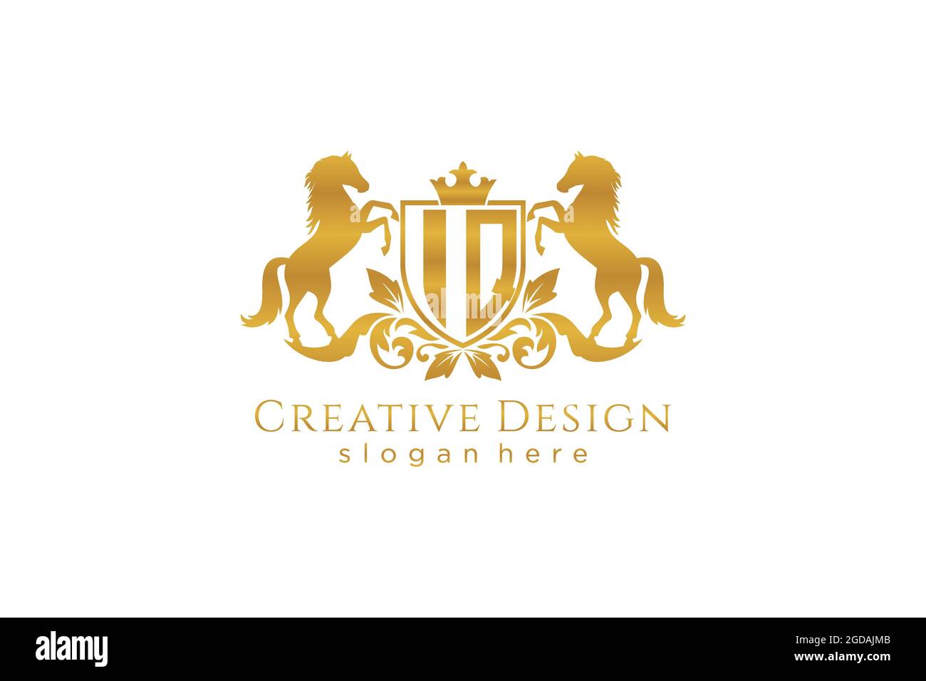 Cresta dorata IQ retro con scudo e due cavalli, modello badge con scroll e corona reale - perfetta per progetti di branding di lusso Illustrazione Vettoriale