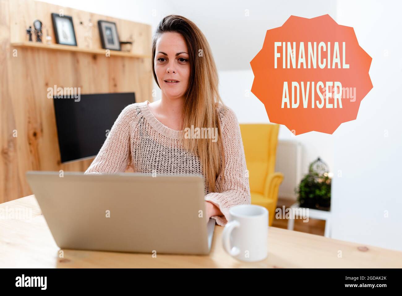 Testo scritto a mano Consulente finanziario. Persona di vetrina di affari che è impiegato per fornire i servizi finanziari navigazione e chattare nei social media Foto Stock